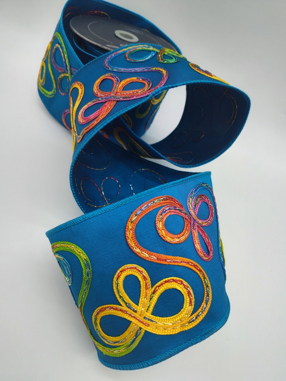 FARRISILK Embroidered Cord Ribbon Blue Multicolor Wired 4" 10 Yards NWT